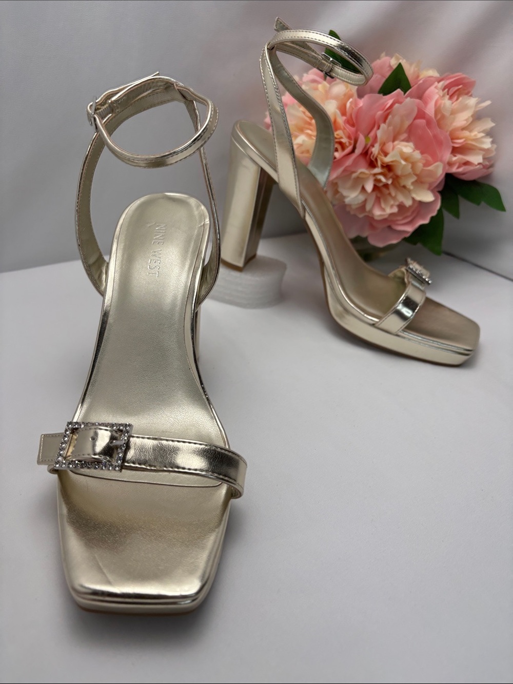 Nine‎ West Metallic Gold Womens 10 Ankle-Strap Block Heel Sandals #455